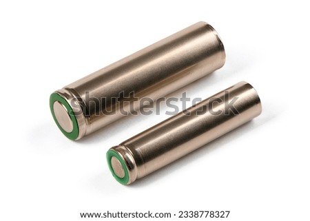 Two silver AA and AAA batteries isolated on white background. Extreme close-up. Side view. High resolution photo. Full depth of field.