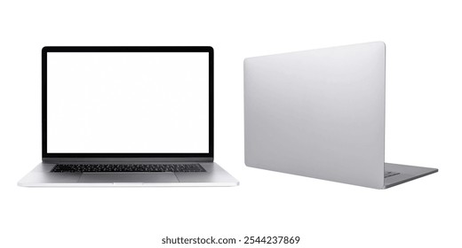 Two silver laptops, one open with a blank screen, the other closed. Sleek silver design, modern laptops, blank screen, silver finish, side and front view. Modern laptops with blank screen, element set - Powered by Shutterstock