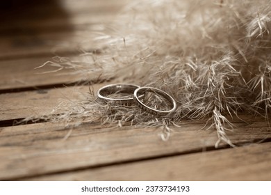 two silver or white gold wedding rings on a wooden floor with pampas grass - Powered by Shutterstock