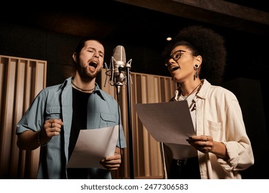 Two singers share a microphone, harmonizing in a music studio during band rehearsal.
