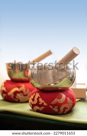Two singing bowls or standing bells on red cushions with golden embroidery, used for music, meditation and relaxation or for personal spirituality, copy space, selected focus, narrow depth of field