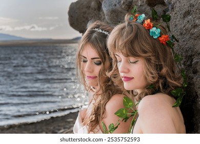 Two sisters cosplaying as Samhain goddesses on a beach, adorned with floral crowns and flowing attire. Set against a coastal backdrop, perfect for themes of fantasy, mythology, and mystical beauty. - Powered by Shutterstock