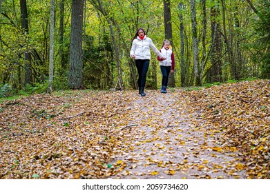 Two Sisters Holding Hands, Dressed In Light Jackets, Walking In The Forest In Autumn