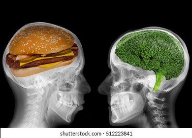 Two skulls, one vegan and one, hamburger consumerist