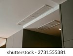 Two sleek, rectangular ventilation grilles are seamlessly integrated into a minimalist white ceiling and wall, highlighting modern interior design and climate control infrastructure.