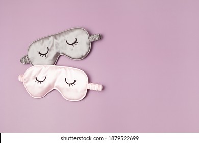 Two Sleeping Mask.  Minimal Concept Of Rest, Quality Of Sleep, Good Night, Insomnia, Relaxation. Flat Lay, Top View Mock Up