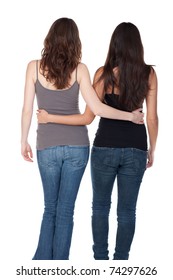 Two Slender Young Women Walking Away, Arm In Arm.