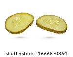 Two sliced green pickles isolated on white background with clipping path