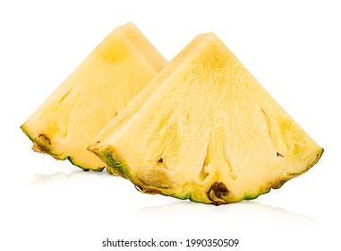 two sliced pineapple wedges on white isolated background