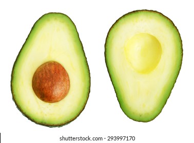 Two Slices Of Avocado Isolated On The White Background. One Slice With Core. Design Element For Product Label.