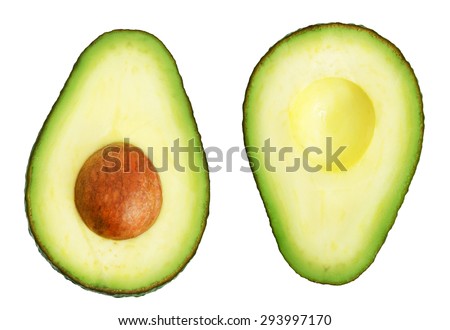Two slices of avocado isolated on the white background. One slice with core. Design element for product label.
