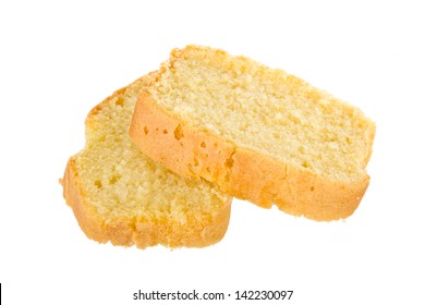 Two Slices Of Fresh Homemade Butter Cake Isolated On A White Background