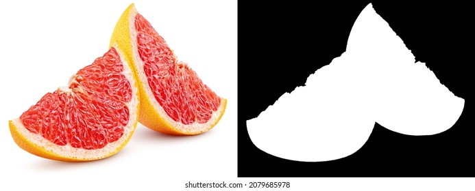 Two slices of grapefruit citrus fruit isolated on white background with  clipping mask (alpha channel) for quick isolation