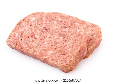 Two Slices Of Pork Luncheon Meat Isolated On White.