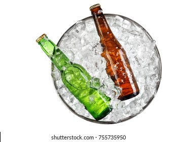 Two Small Beer Bottles With Drops In A Bucket With Ice, Top View