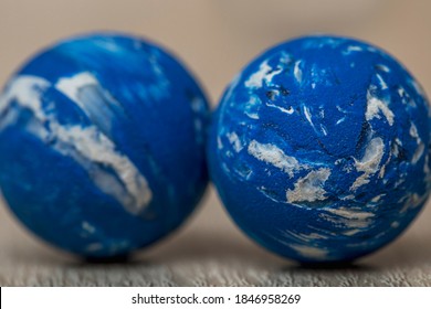 Two small blue rubber balls, similar to the planet Earth, close-up. Toys for children. - Shutterstock ID 1846958269