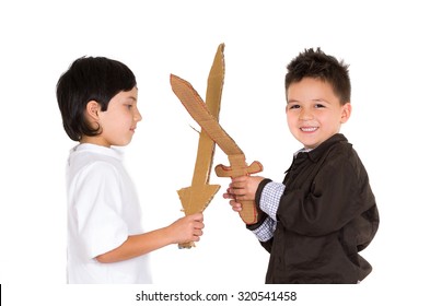 Two Small Boys Simulating Sword Fight Using Toys And Homemade Shield, White Background.