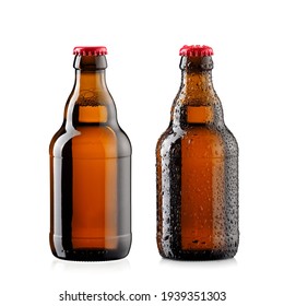 Two Small Brown Beer Bottles With And Without Drops