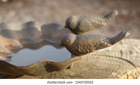 Two Small Decorative Metal Birds Sitting On The Edge Of A Clam Shaped Bird Bath In The Late Autumn Sun