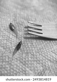Two small fish and a fork on a tablecloth, black and white photo