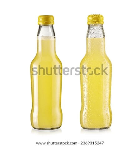 Two small lemonade glass bottles with and without drops on white background