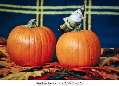 Two small orange pumpkins on autumn leaves with a small gnome figurine leaning on one, plaid blanket background, cozy fall still life
