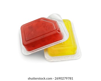 Two small plastic containers with red strawberry and yellow pineapple jam isolated on white.
