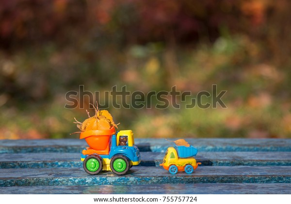 Two small toys  truck is loaded with yellow fallen\
leaves. The car stands on a wooden surface against a background of\
a blurry autumn park. Cleaning and removal of fallen leaves.\
Seasonal works