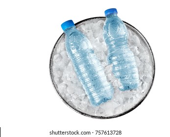 Two Small Water Bottle In A Bucket With Ice, Top View