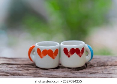 Two small, white ceramic mugs with colored heart designs sit side-by-side on a weathered wooden table. The background is blurred, with a soft green color suggesting a natural outdoor setting. - Powered by Shutterstock