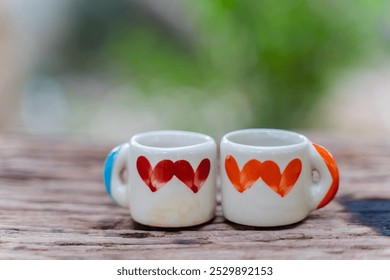 Two small, white ceramic mugs with colored heart designs sit side-by-side on a weathered wooden table. The background is blurred, with a soft green color suggesting a natural outdoor setting. - Powered by Shutterstock