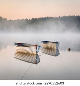 Two small wooden Fishing row boats on Loch Rusk Scotland during a calm Sunrise - Shutterstock ID 2290552603