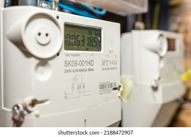 Two Smart Electric Power Meter Counter Measuring Power Usage.Close-up Of Modern Smart Grid Residential Digital Power Supply Meter.Indoors Shot.Selective Focus.