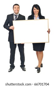 Two Smiling Business People Holding Blank Banner Isolated On White Background