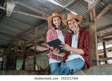 Two Smiling Farmers In Casual Clothes Sit By A Wooden Fence While Using A Digital Tablet In The Background Of The Cattle Farm