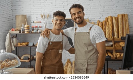 Two smiling hispanic male bakery employees wearing aprons are embracing each other inside an interior bakery shop filled with a variety of bread and pastries. - Powered by Shutterstock