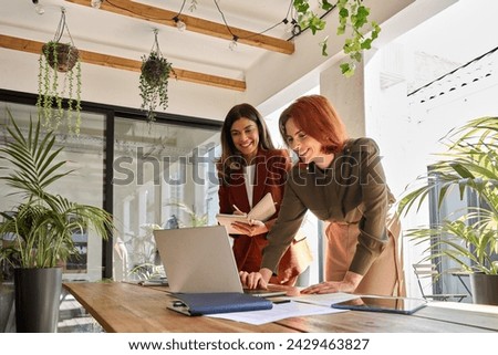 Two smiling professional female partners or coworkers, happy business women entrepreneurs working together in office looking at laptop using computer writing notes standing at work desk.