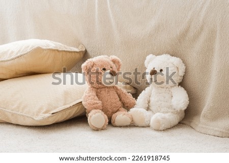 Two smiling white and brown teddy bears sitting on carpet at sofa and pillows at nursery room. Togetherness and friendship concept. Kids best friends. Closeup.