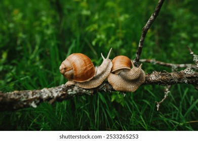 Two snails with brown shells on a branch in a grassy area.