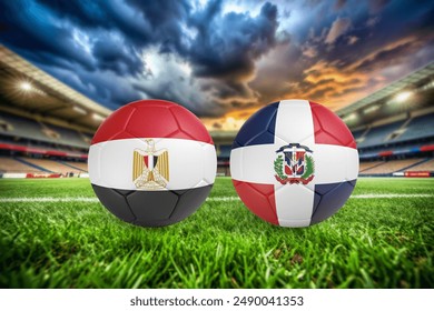 Two soccer balls in flags colors on a stadium blurred background. Egypt vs Dominican Republic. 3D image. - Powered by Shutterstock