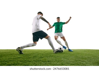 Two soccer players locked in struggle for ball on green lash playground against white background, show skills and determination. Concept of professional sport, championship, final match, movement. Ad - Powered by Shutterstock