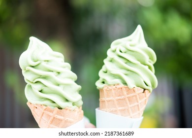 Two Soft Serve Ice Cream Cone With Premium Matcha Green Tea. Close Up