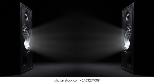 Two sound speakers with free space between them on black  background. - Shutterstock ID 1483274009