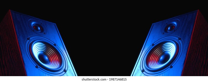 Two sound speakers in neon light with free space between them on black.