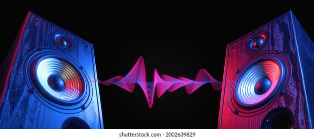 Two sound speakers in neon light with sound wave between them on black. - Shutterstock ID 2002639829