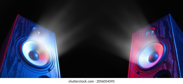 Two sound speakers in neon light with sound wave between them on black. - Shutterstock ID 2056054595