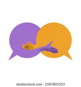 Two speech bubbles intersect with hands extending from each, reaching for a handshake, symbolizing dialogue and connection in communication. Concept of communication, teamwork. Abstract art