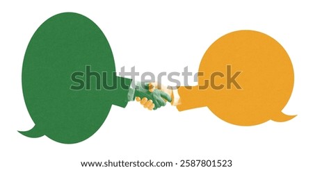 Two speech bubbles shake hands, illustrating successful communication, unity, and mutual understanding between different perspectives. Concept of communication, teamwork. Abstract art