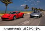 Two sports cars, one red and one grey, speed side by side on a coastal road, with the sea in the background and the sun shining in the sky, in a breathtaking race.