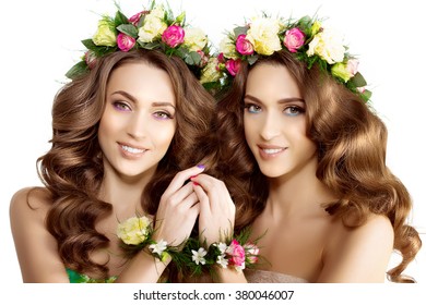 Two Spring Women Young  Girl Flower Beautiful Model Wreath Bracelet Bride Bridesmaid Makeup Spa Lady Make Up Products Treatment
